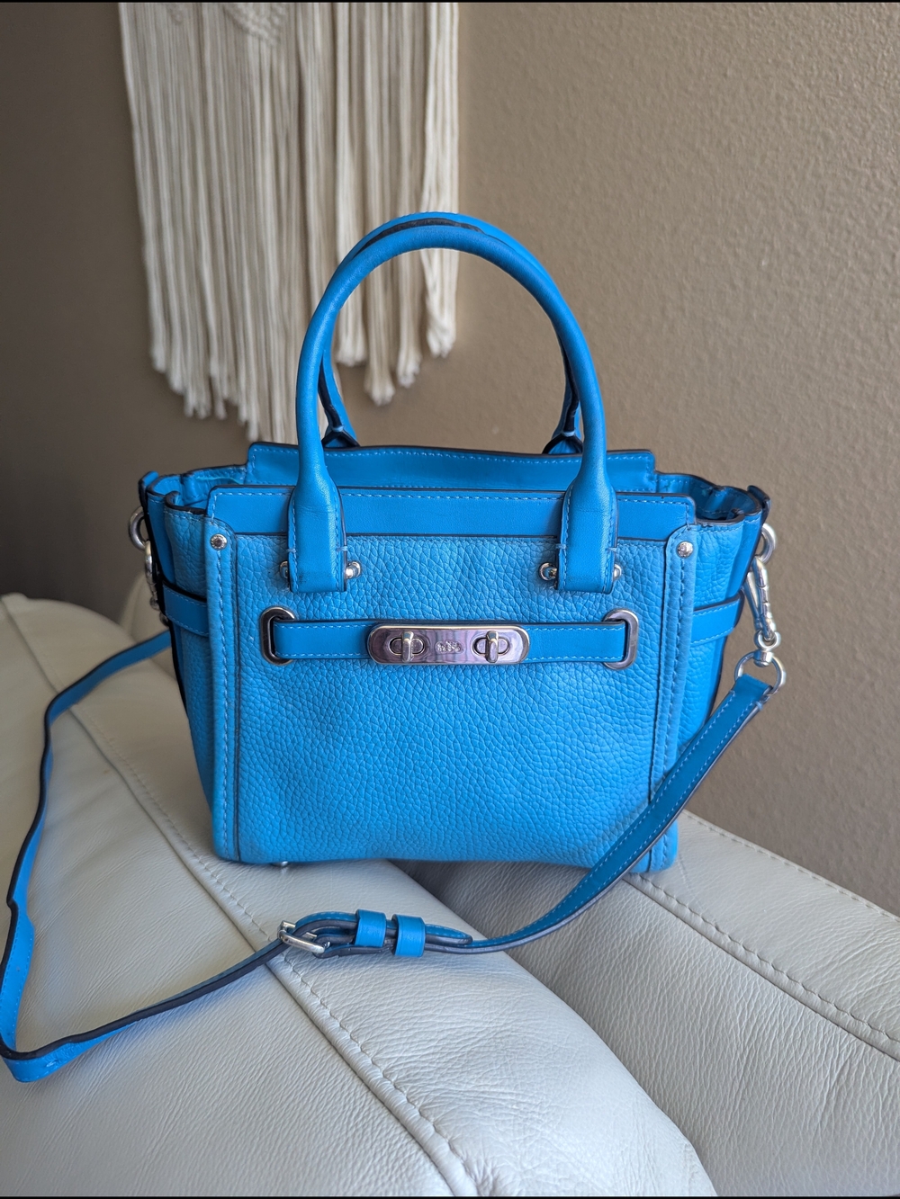 Coach Bright Blue Pebbled Leather Satchel with Turn-Lock Hardware